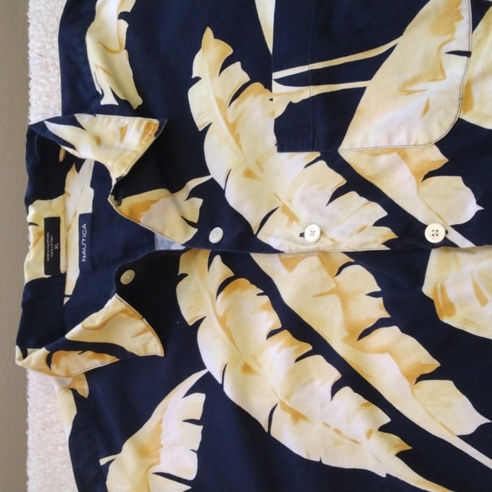 Nautica XL Cotton Navy/Yellow/Tan Aloha Camp Shirt